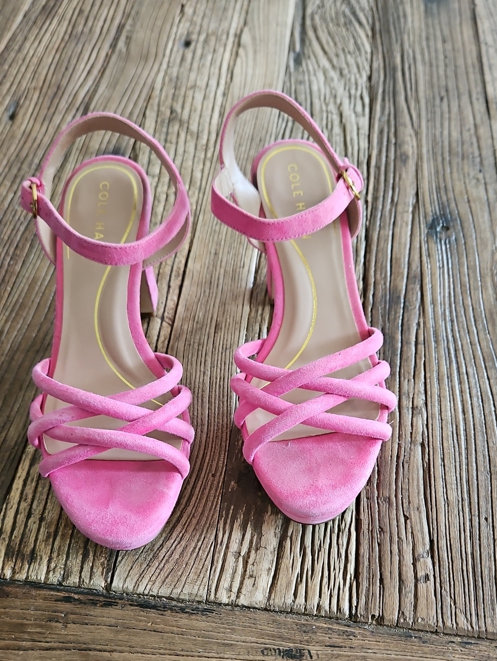 Cole Haan Pink Strappy Suede Block Heel Sandals
